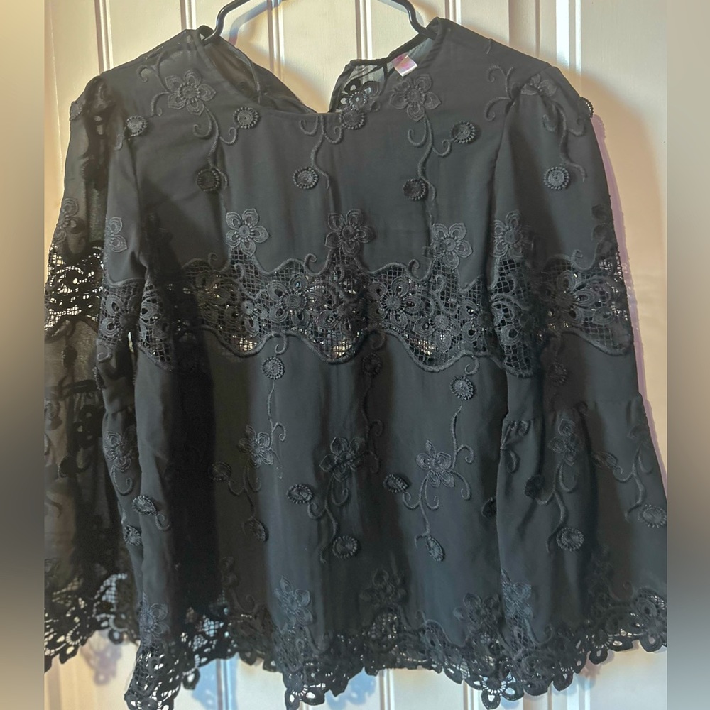 Black Floral See Through Top Statement Sleeves